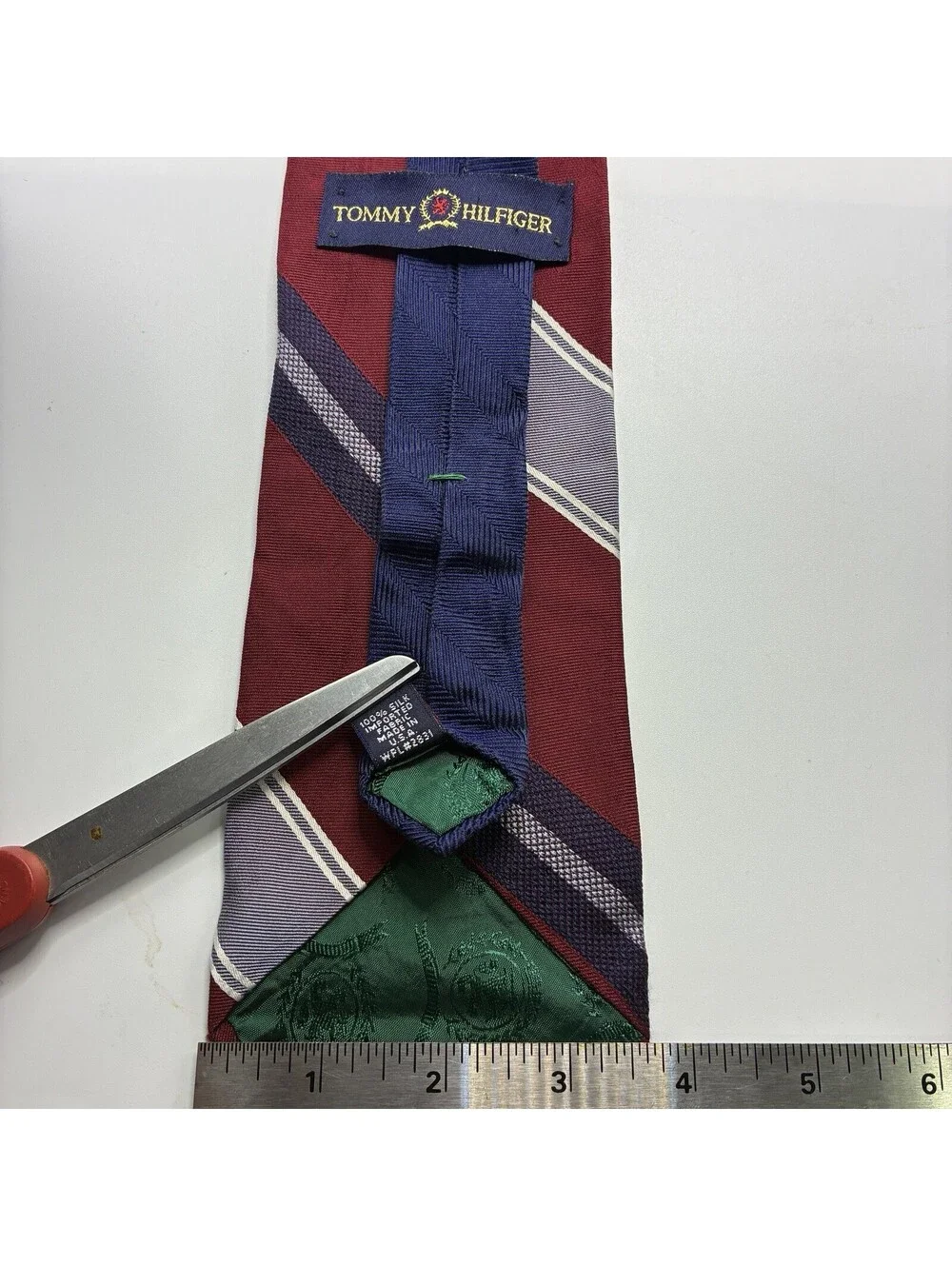 Vintage Tommy Hilfiger Red Blue Gray White Striped Neck Tie 100% Silk USA VTG
